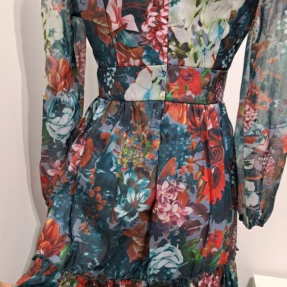 Glamorous Elegant Floral Print V-Neck Tiered Boho Chic Maxi Party Dress Small - Picture 10 of 16